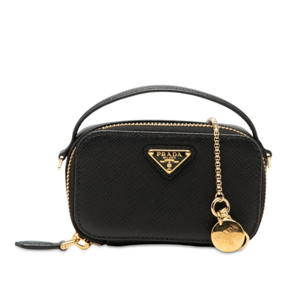 PRADA Handbags - Prada Triangle Logo Plate Chain Shoulder Bag Mini Pouch 1NR025 Black Gold Saf...